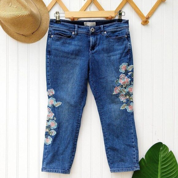 J Jill Authentic Fit Cropped Embroidered Jeans Size 4P Petite Floral Stretch - Picture 1 of 9